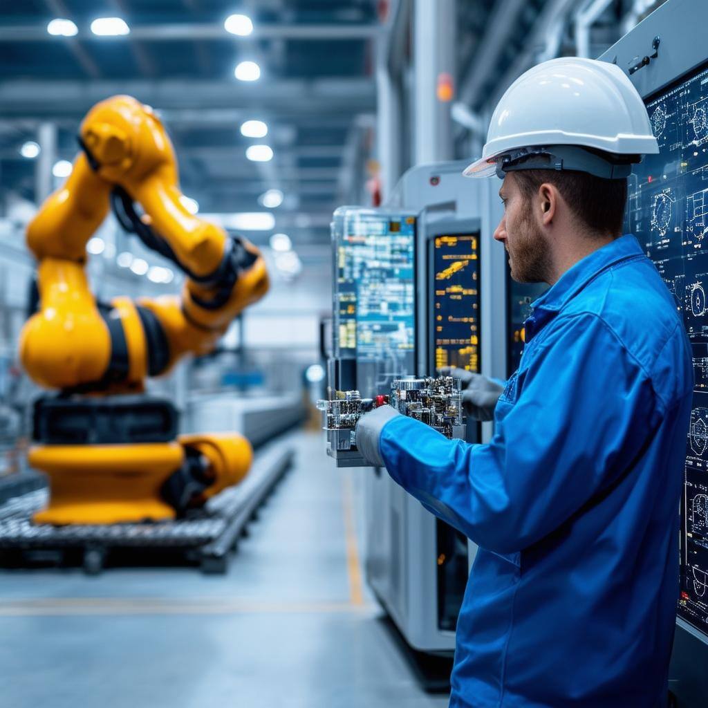 The image showcases a modern manufacturing facility with advanced machinery and robotic arms working in unison